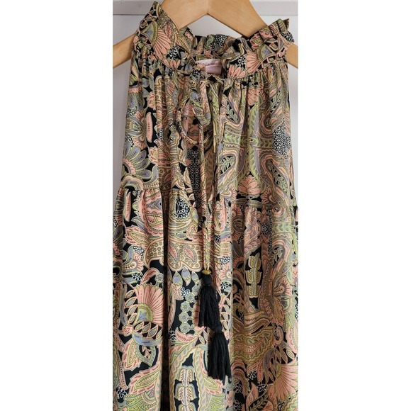 Boemo  Green Maxi Dress XL Tiered Paisley Halter Ruffle Neck Tasseled Ties Boho - Picture 3 of 6